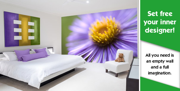 Home bedroom with custom printed wallpaper aster flower theme