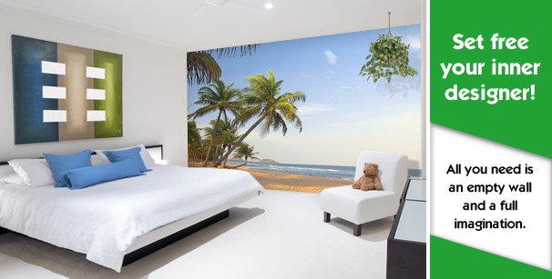 Home bedroom with custom printed wallpaper tropical beach theme