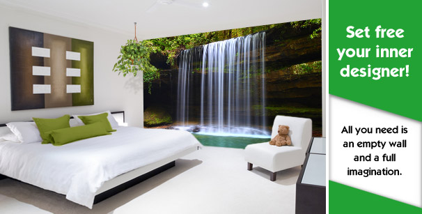Home bedroom with custom printed wallpaper waterfall theme