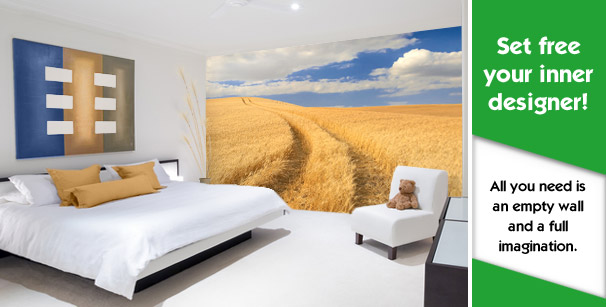 Home bedroom with custom printed wallpaper Wyoming wheat field theme