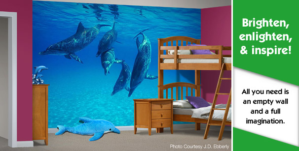 Custom printed wallpaper design on kids' bedroom wall sea dolphin theme