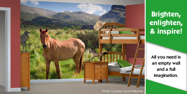 Custom printed wallpaper design on kids' bedroom wall western horses theme