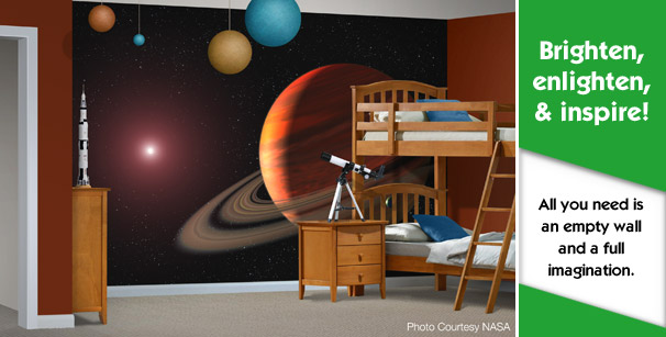 Custom printed wallpaper design on kids' bedroom wall planets galaxy theme