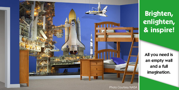 Custom printed wallpaper design on kids' bedroom wall space shuttle theme
