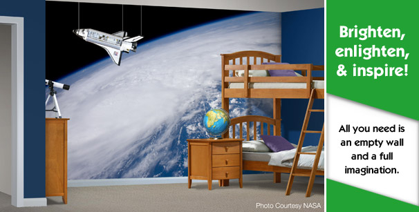 Custom printed wallpaper design on kids' bedroom wall shuttle earth theme