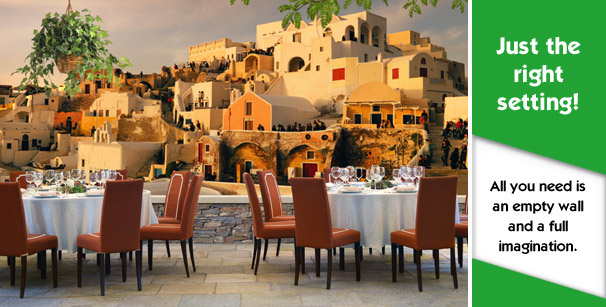 Restaurant with custom printed wallpaper Greek village theme
