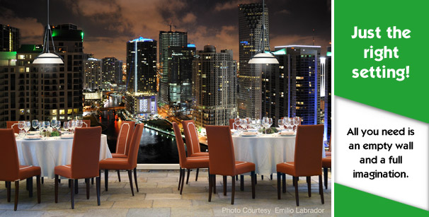Restaurant with custom printed wallpaper city night skyline theme