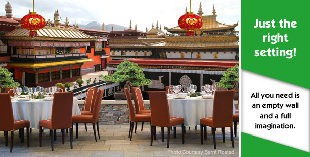 Restaurant with custom printed wallpaper pagoda theme