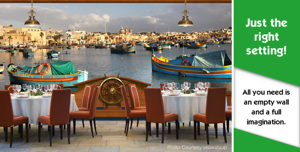 Restaurant with custom printed wallpaper harbor theme